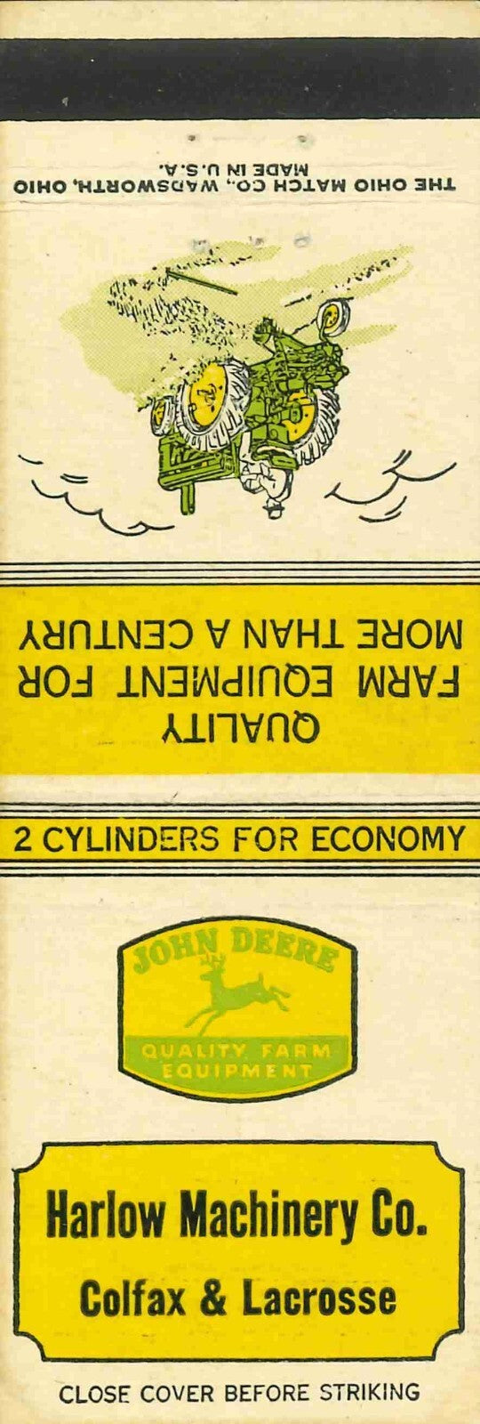 John Deere Matchbook Cover A w/ Mower Harlow Machine Colfax Lacrosse Wisconsin