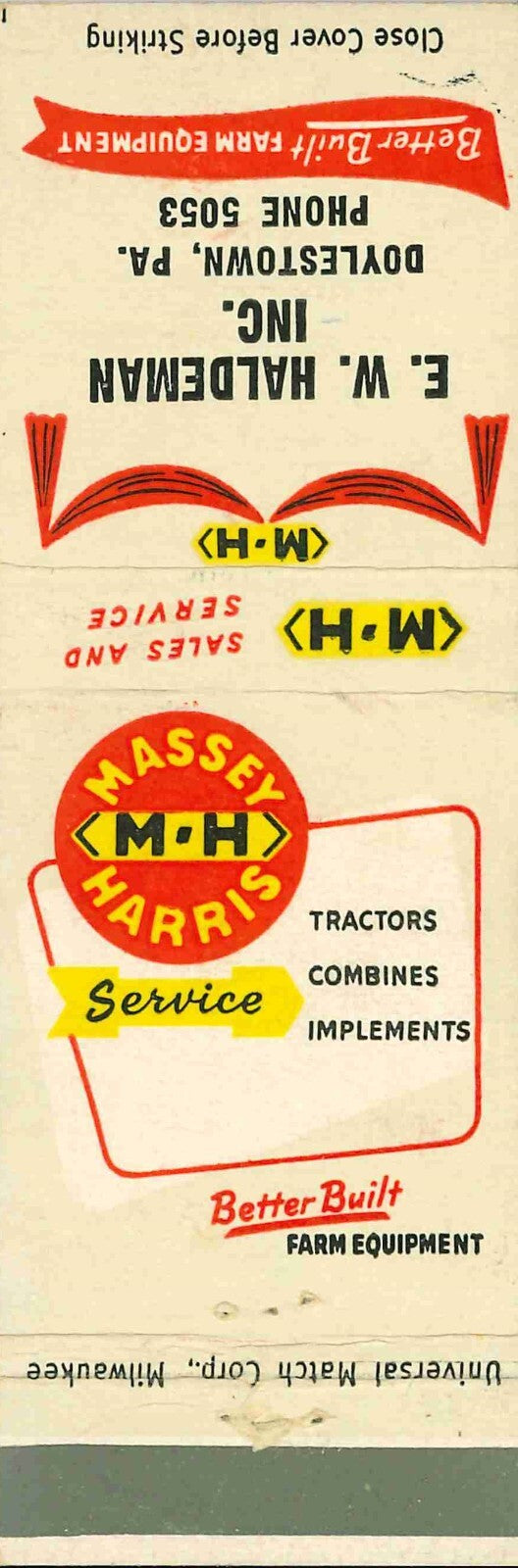 Matchbook Cover Massey Harris E W Haldeman Doylestown Pennsylvania