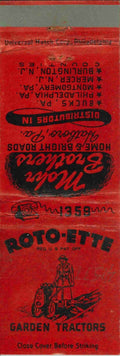 Matchbook Cover Roto Ette Garden Tractors Mohr Brothers Hatboro PA
