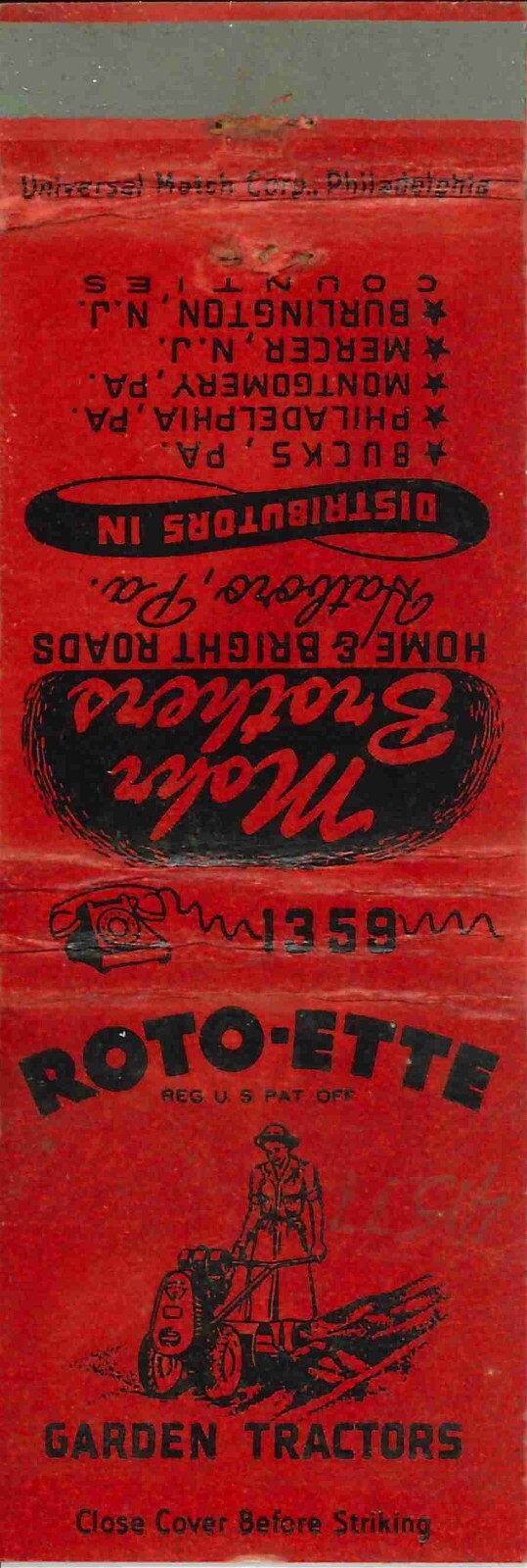 Matchbook Cover Roto Ette Garden Tractors Mohr Brothers Hatboro PA