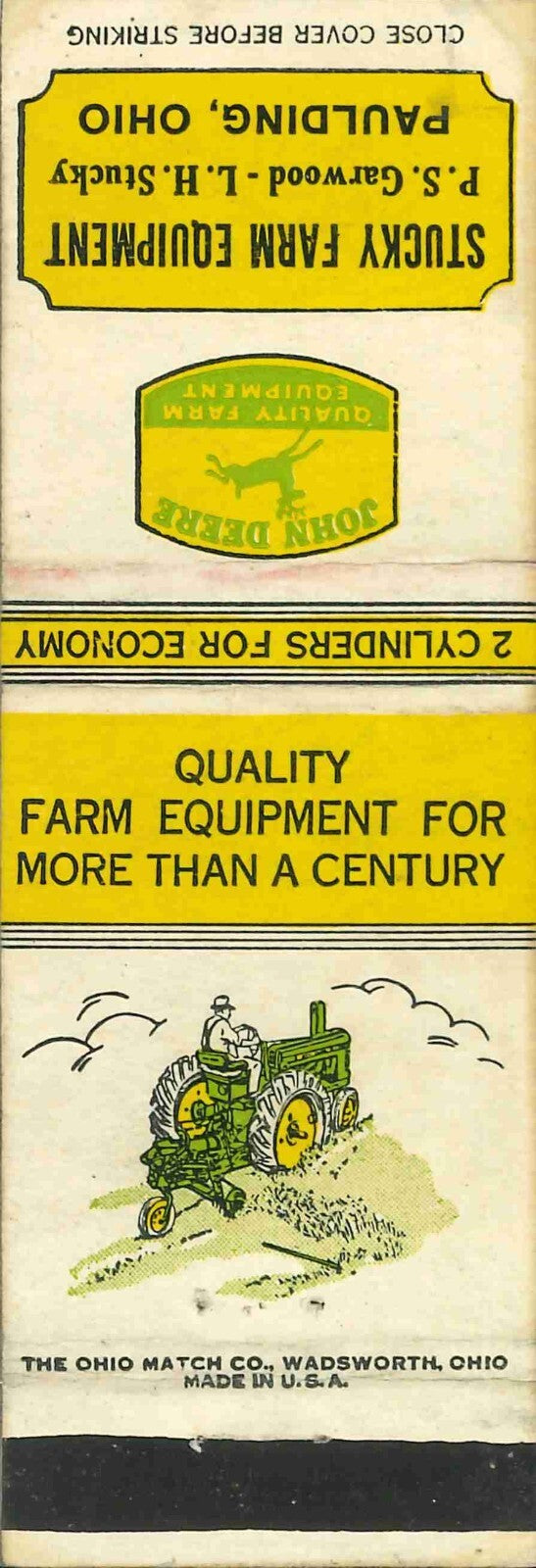John Deere Matchbook Cover A w/ Mower Stucky Farm Equipment Paulding Ohio