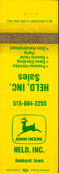 John Deere Matchbook Cover Held Inc Hubbard IA