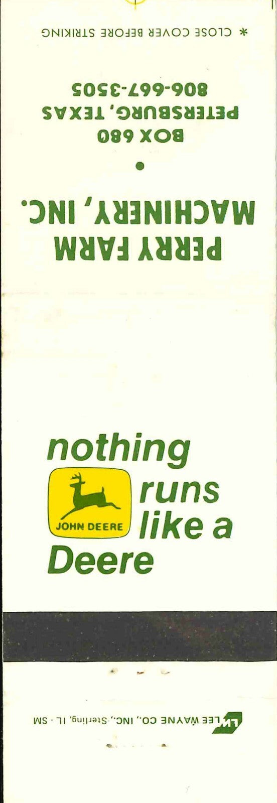 John Deere Matchbook Cover 2 Leg Perry Farm Machinery Peteresburg TX