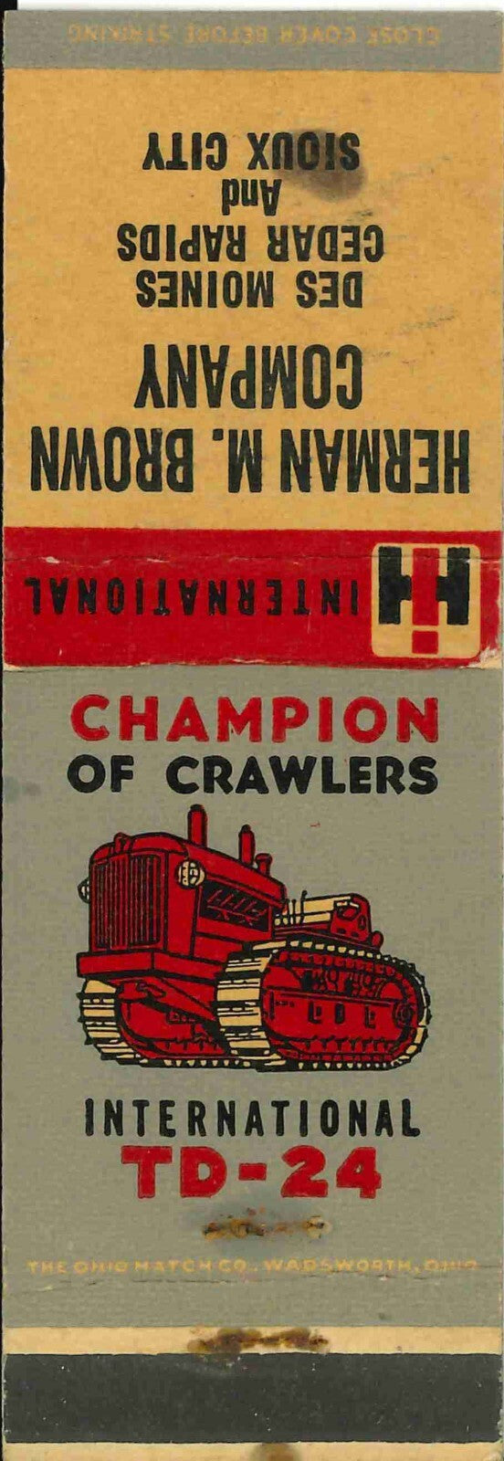 Matchbook Cover International Crawler TD 24 Herman Brown Co Des Moines Iowa