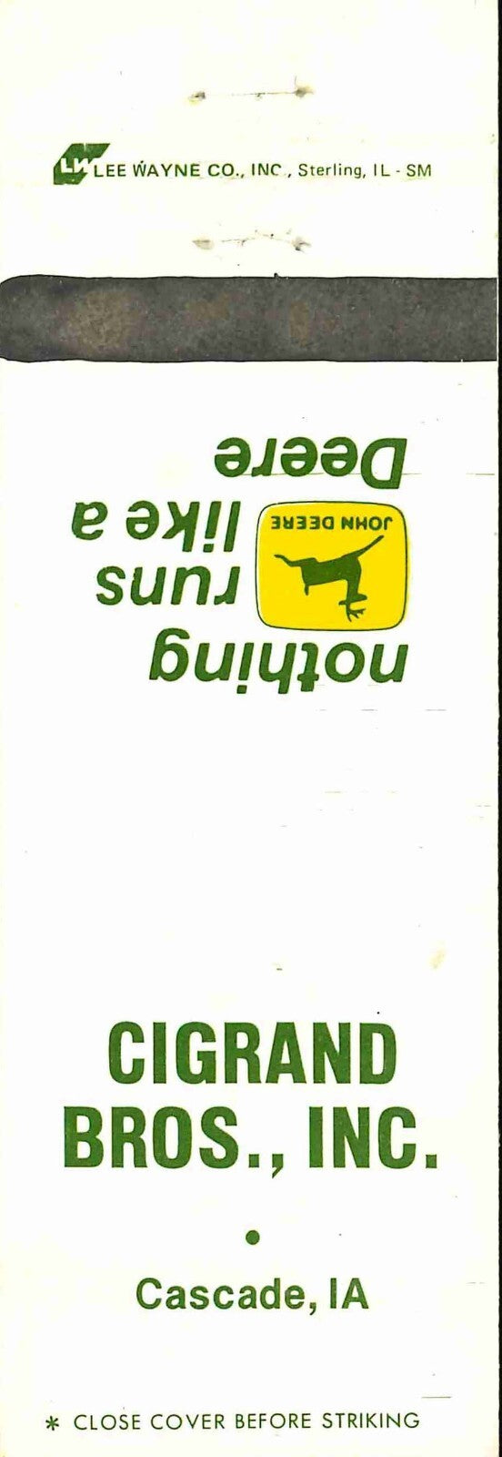 John Deere Matchbook Cover 2 Leg Cigrand Bros Cascade IA