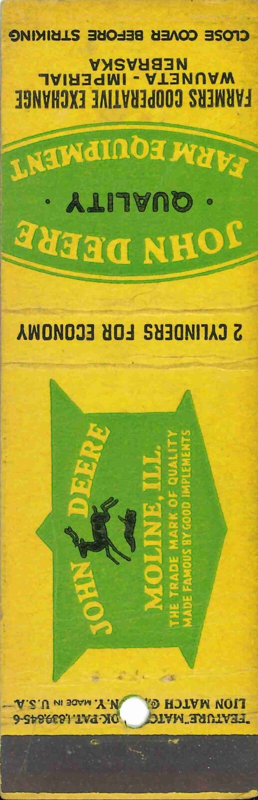 John Deere Matchbook Cover QFE Farmers COOP Exchange Wauneta Imperial Nebraska