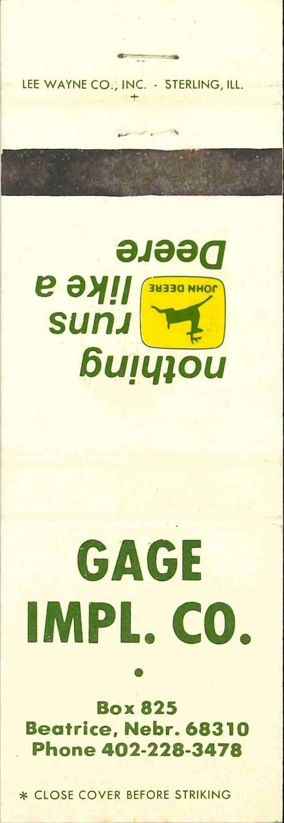 John Deere Matchbook Cover 2 Leg Gage Imp Beatrice NE