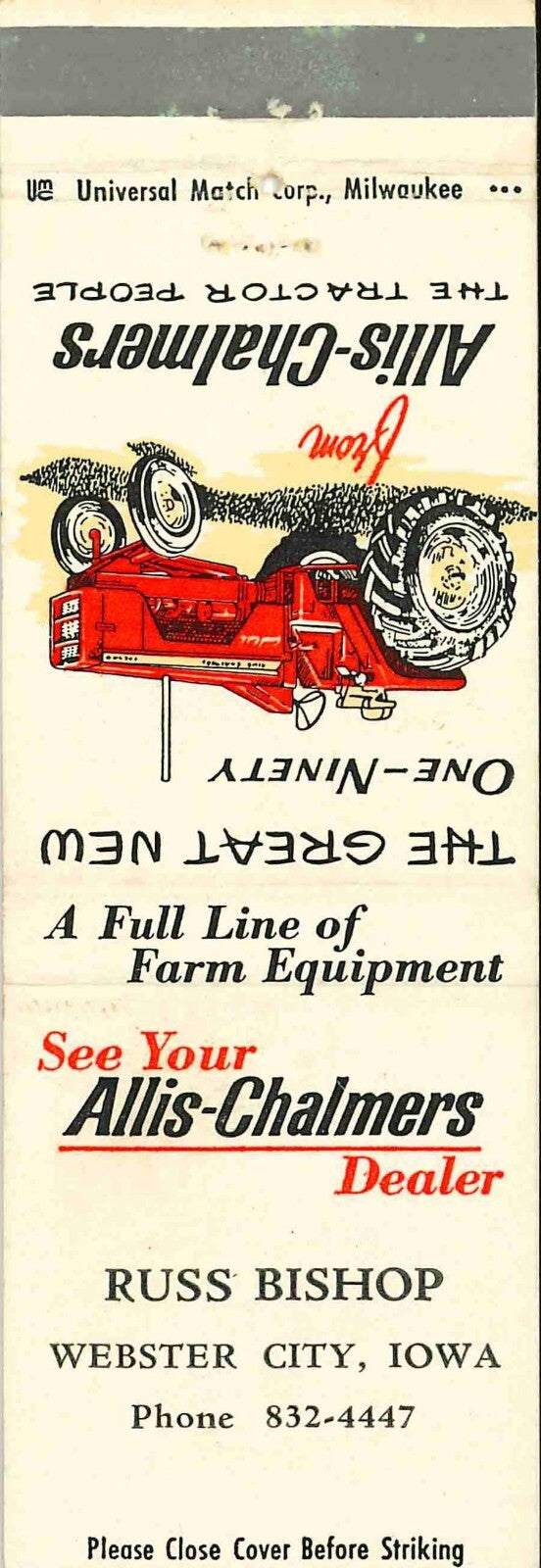 Matchbook Cover Allis Chalmers 190 Russ Bishop Webster City Iowa