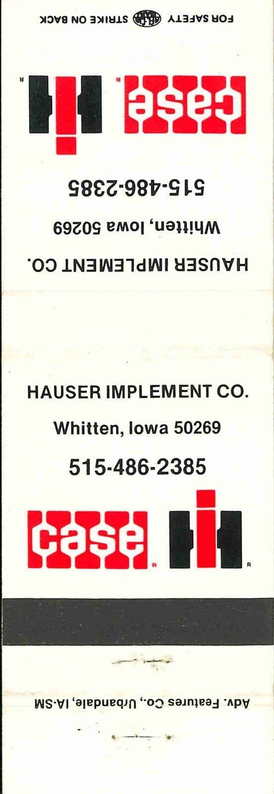 Matchbook Cover Case IH Hauser Imp Co Whitten Iowa