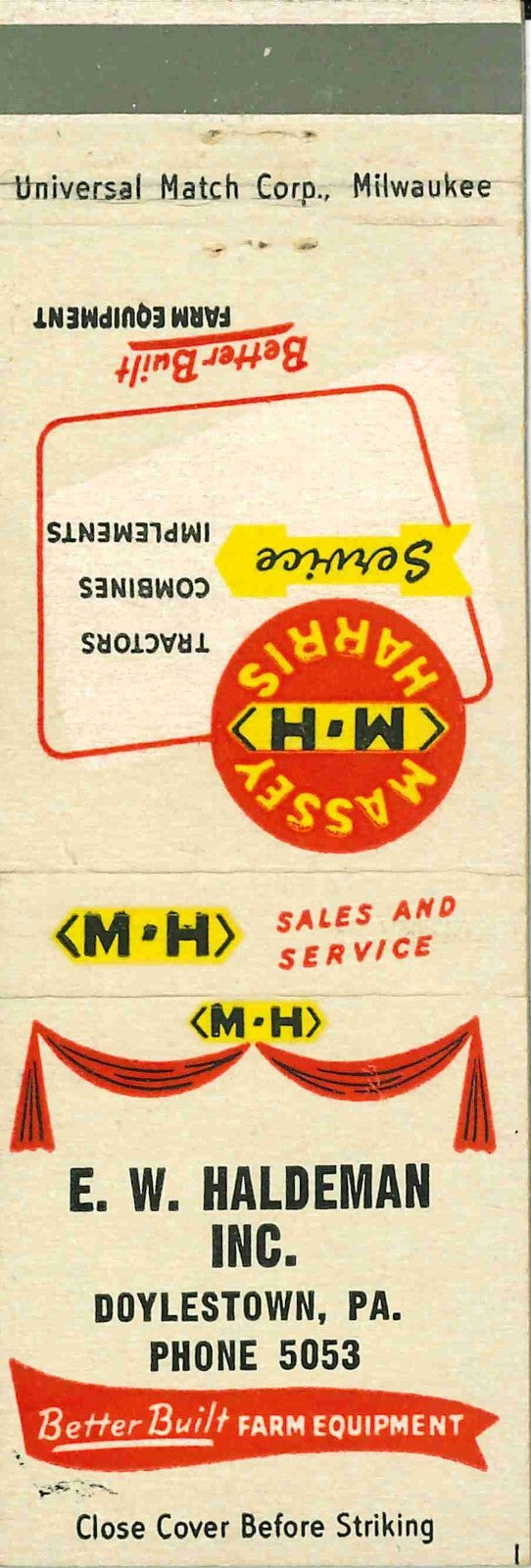 Matchbook Cover Massey Harris E W Haldeman Doylestown Pennsylvania