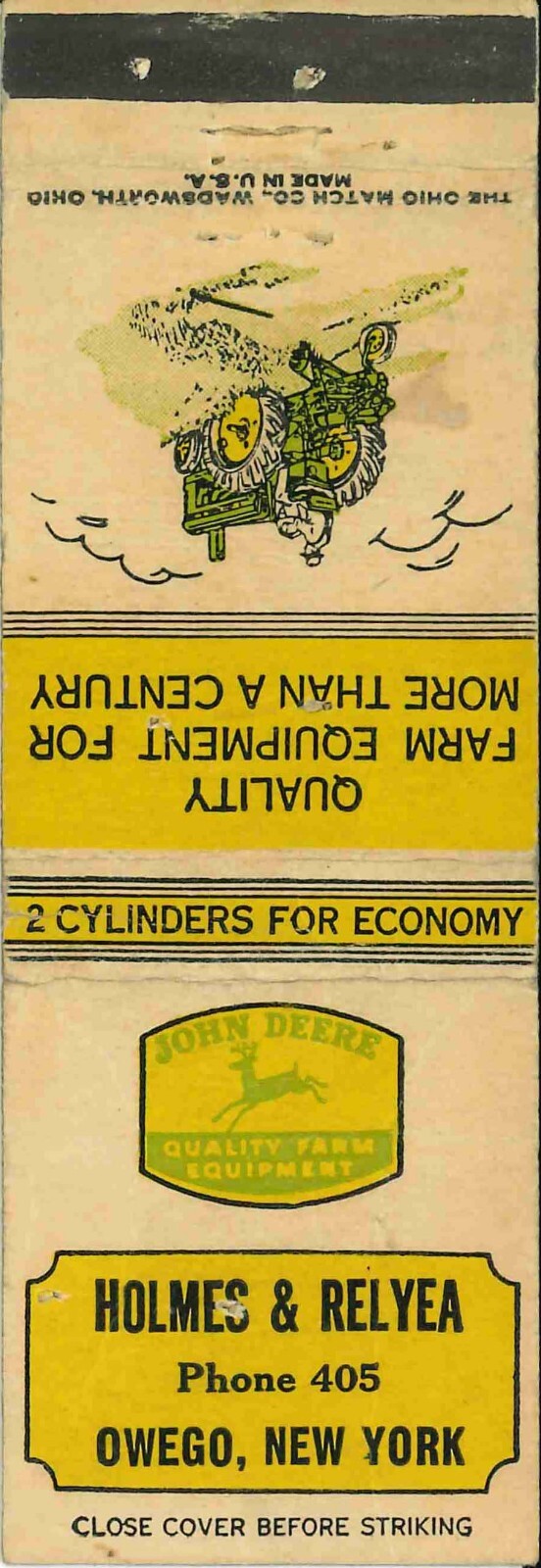 John Deere Matchbook Cover A w/ Mower Holmes Relyea Owego NY