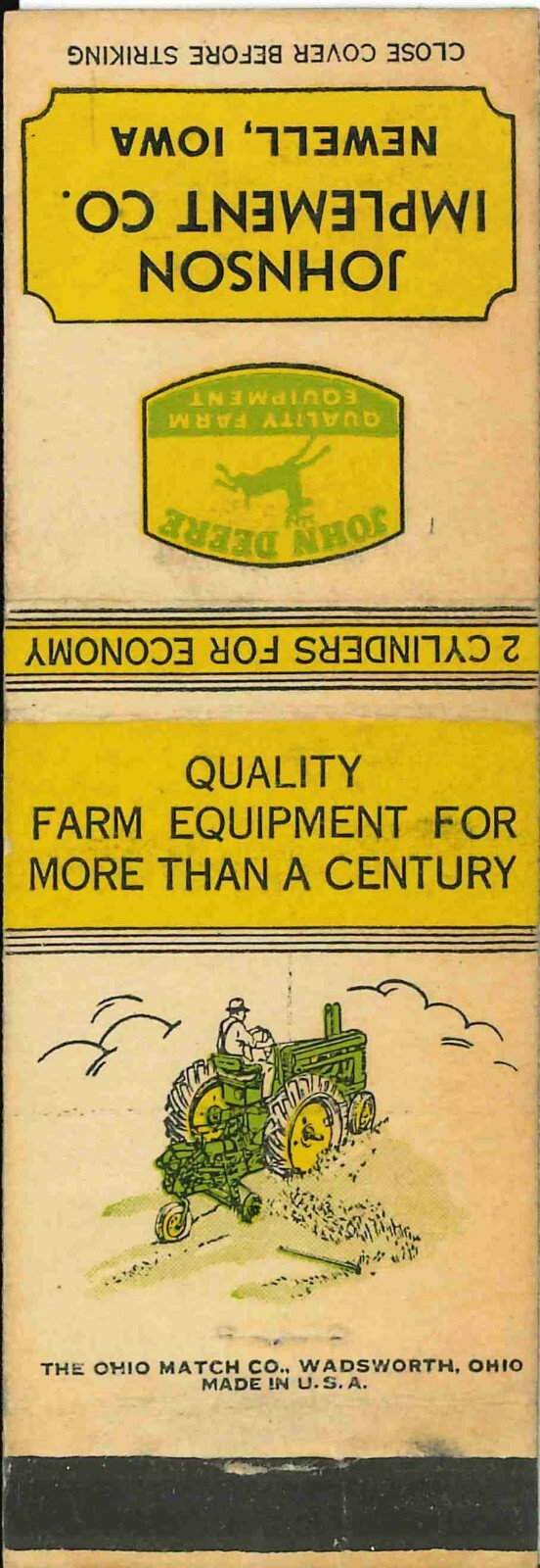 John Deere Matchbook Cover A w/ Mower Johnson Imp Newell IA