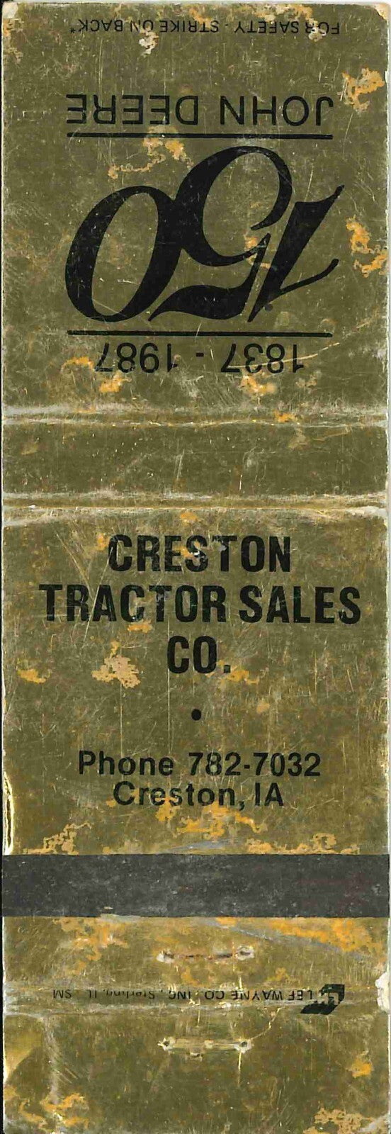 John Deere Matchbook Cover 150th Creston Tractor Sales Co Creston IA
