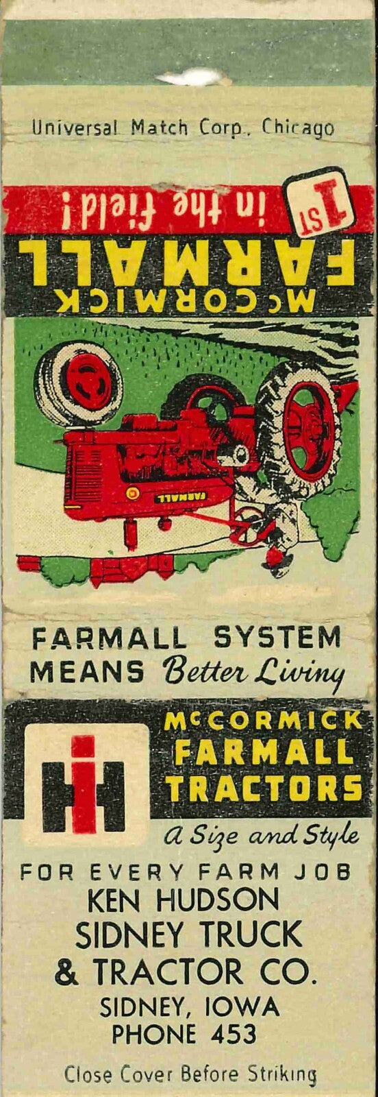 Matchbook Cover Farmall H Ken Hudson Sidney Iowa