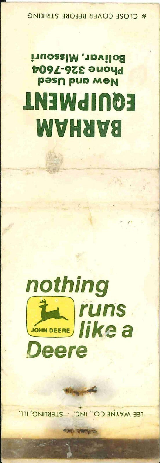 John Deere Matchbook Cover 2 Leg Barham Equip Bolivar Missouri