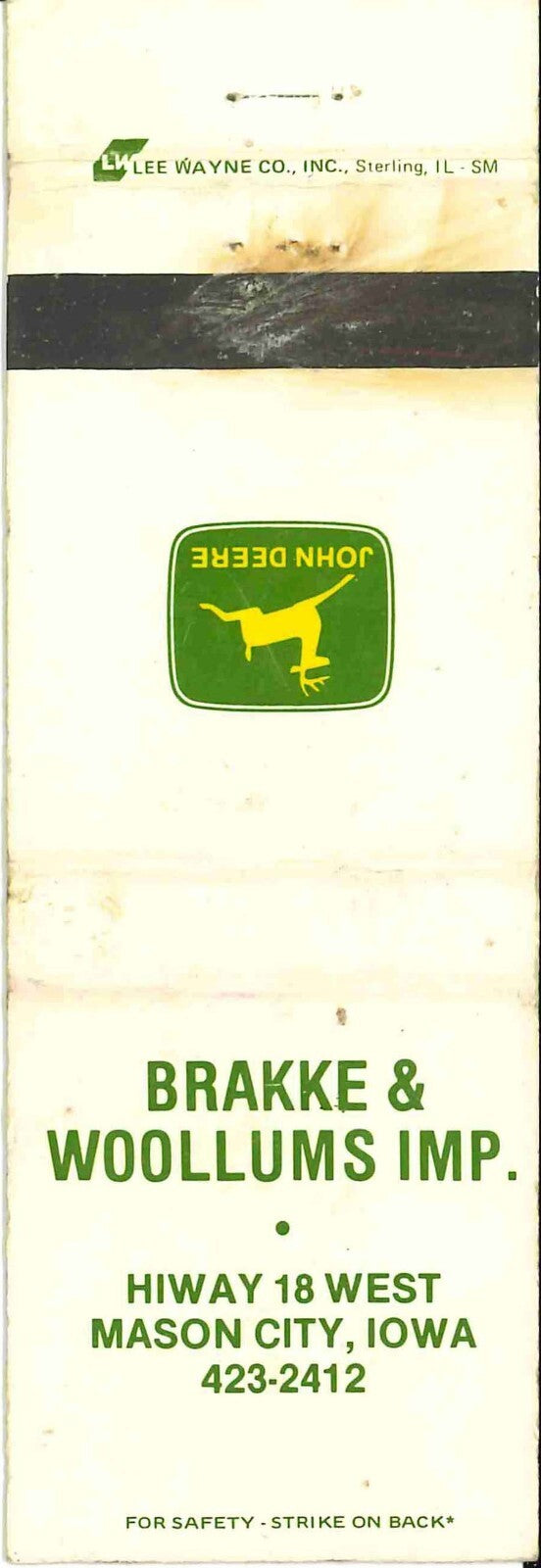 John Deere Matchbook Cover Brakke Woollums IMP Mason City IA