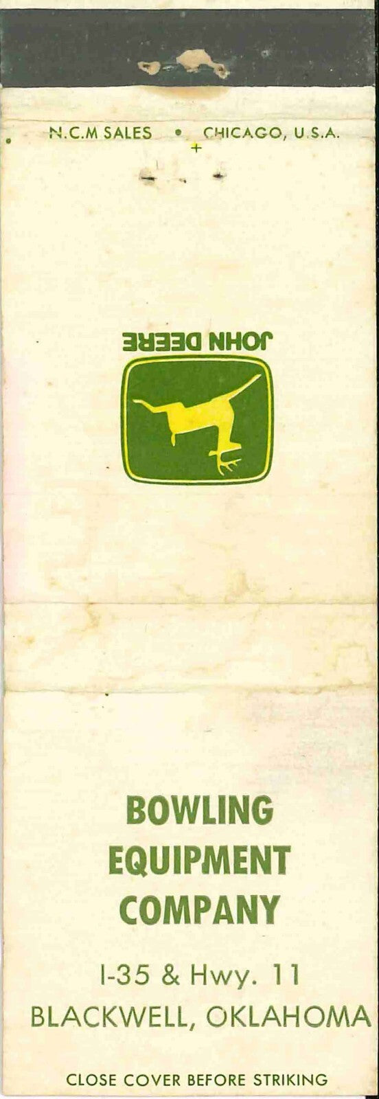 John Deere Matchbook Cover 2 Leg Bowling Equip Co Blackwell OK