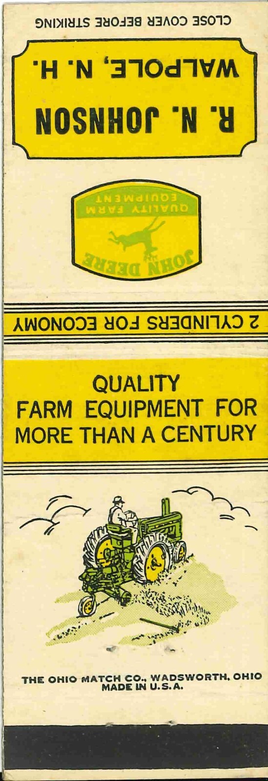John Deere Matchbook Cover A w/ Mower R N Johnson Walpole New Hampshire