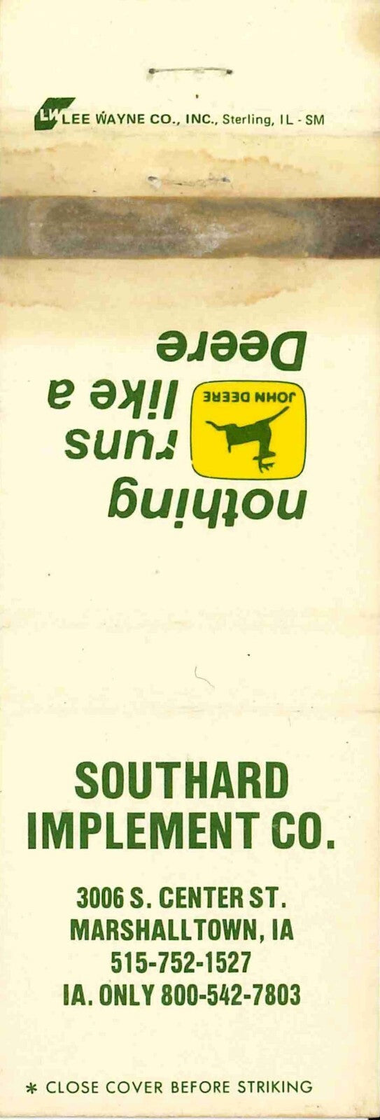 John Deere Matchbook Cover 2 Leg Southard Implement Marshalltown IA