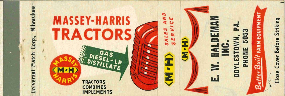 Matchbook Cover Massey Harris Tractors E W Haldeman Doylestown Pennsylvania