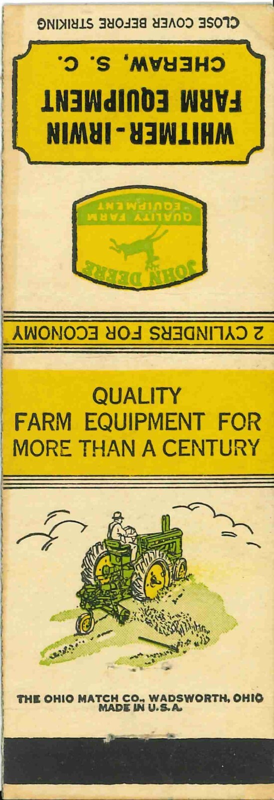 John Deere Matchbook Cover A w/ Mower Whitmer Irwin Cheraw North Carolina