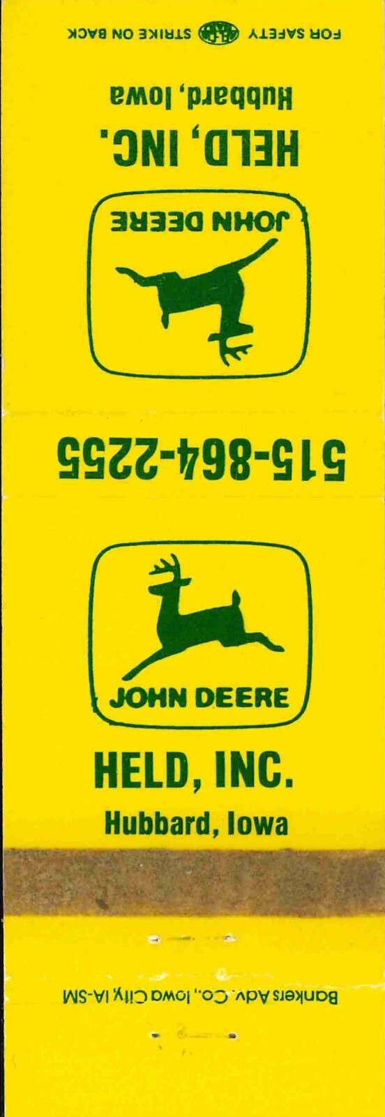 John Deere Matchbook Cover Held Inc Hubbard IA