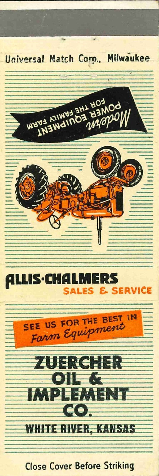 Matchbook Cover Allis Chalmers Tractor Zuercher Oil & Imp Co White River Kansas