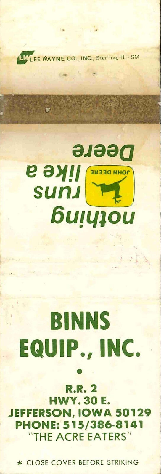 John Deere Matchbook Cover 2 Leg Binns Equip Jefferson IA