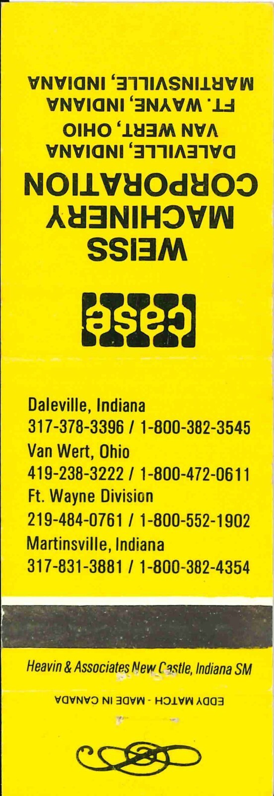Matchbook Cover J I Case Weiss Machinery Indiana and Ohio
