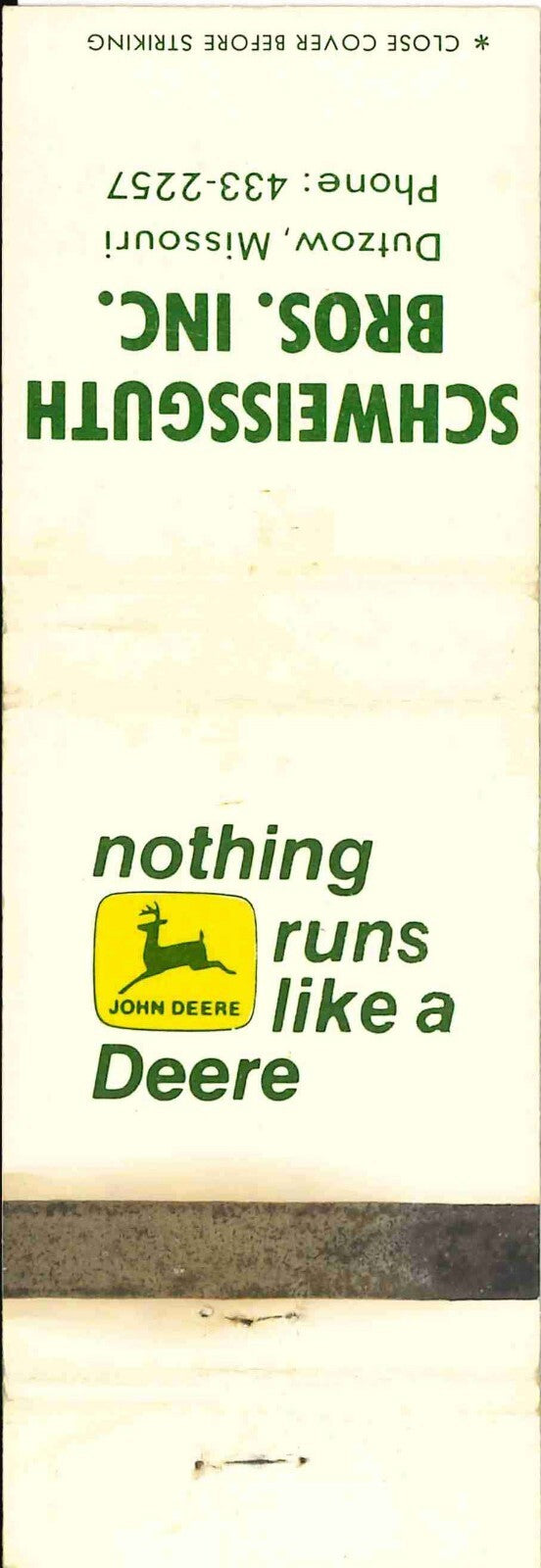 John Deere Matchbook Cover 2 Leg Scheissguth Bros Dutzow Missouri