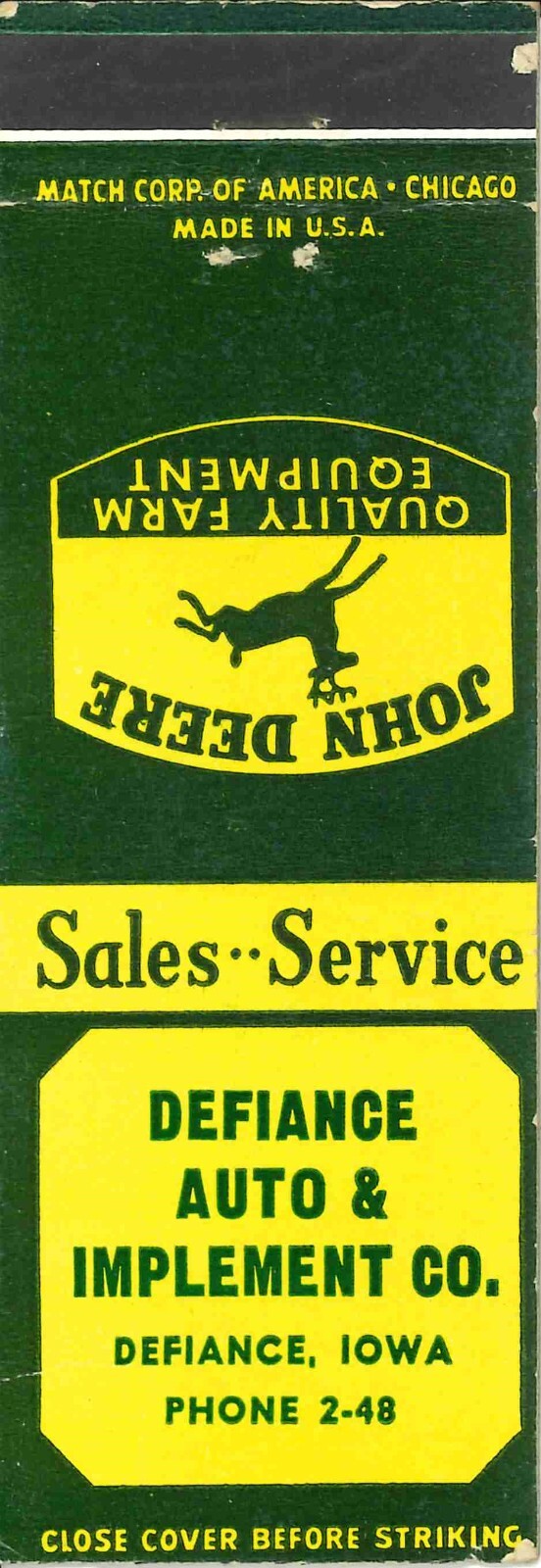 John Deere Matchbook Cover QFE Defiance Auto and Implement Defiance Iowa