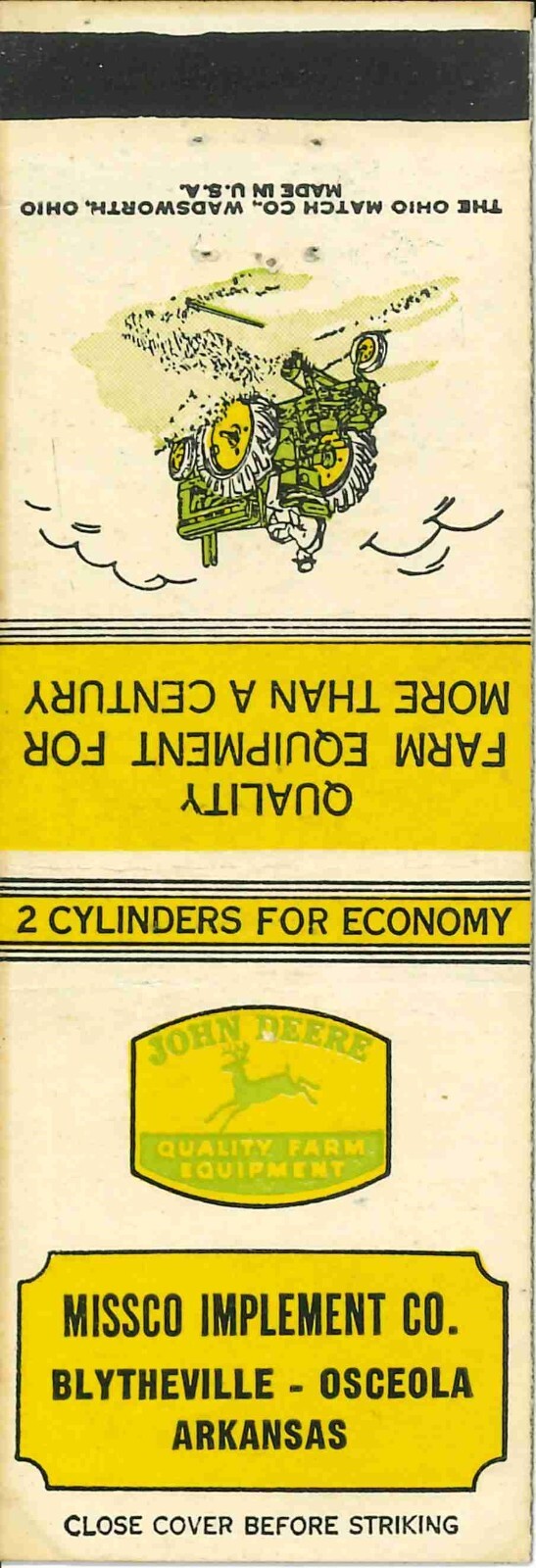 John Deere Matchbook Cover A w/ Mower Missco Imp CO Blytheville Osceola Arkansas