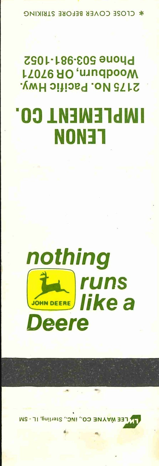 John Deere Matchbook Cover 2 Leg Lenon Imp Woodburn OR