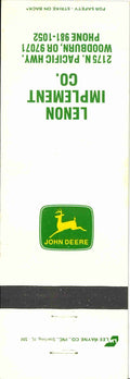 John Deere Matchbook Cover 2 Leg Lenon Imp Co Woodburn OR