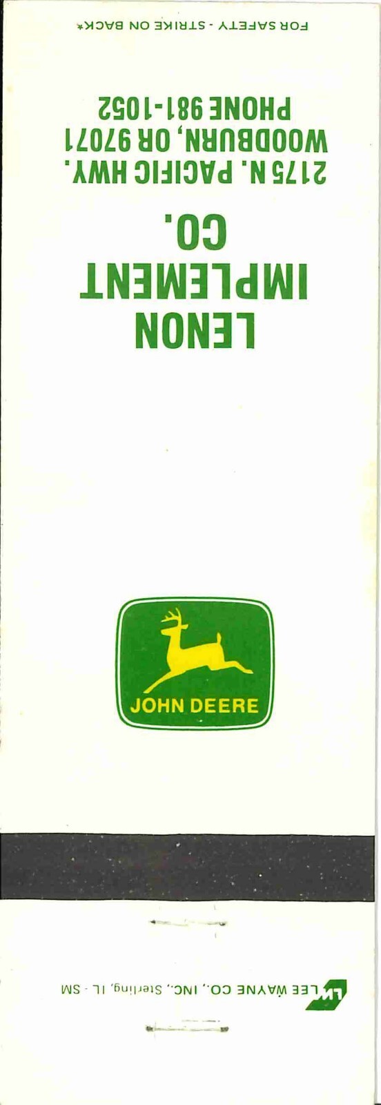 John Deere Matchbook Cover 2 Leg Lenon Imp Co Woodburn OR