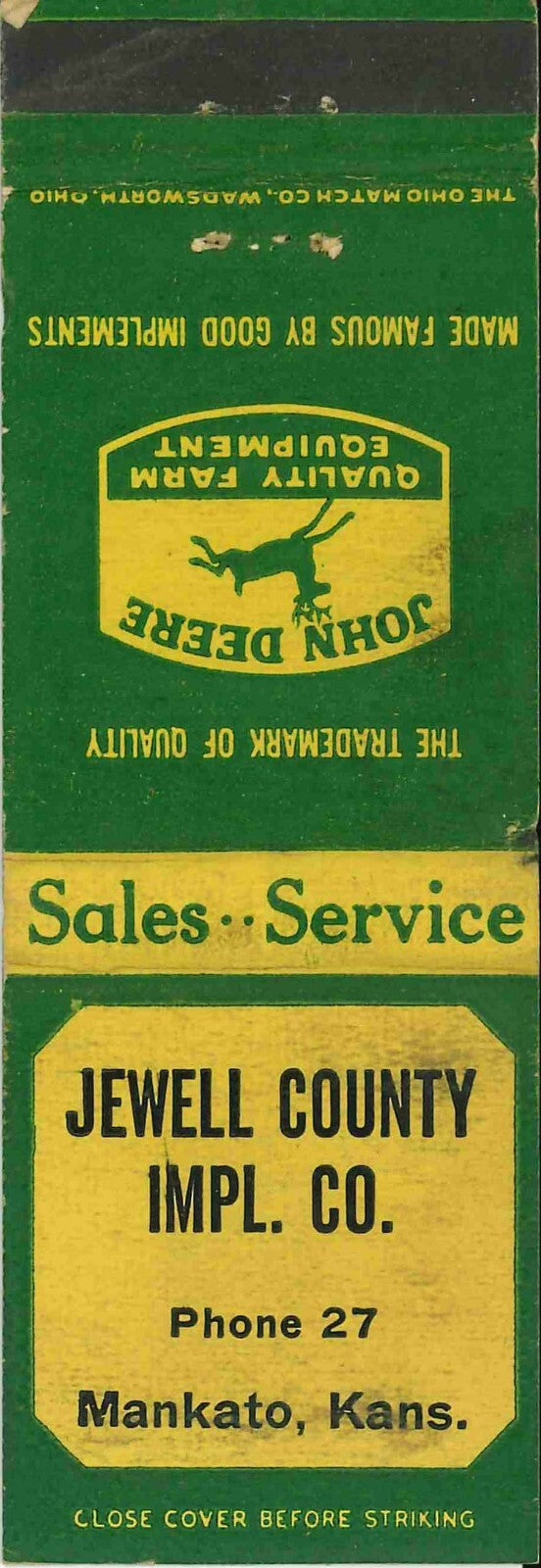 John Deere Matchbook Cover Jewell County Imp Mankato Kans