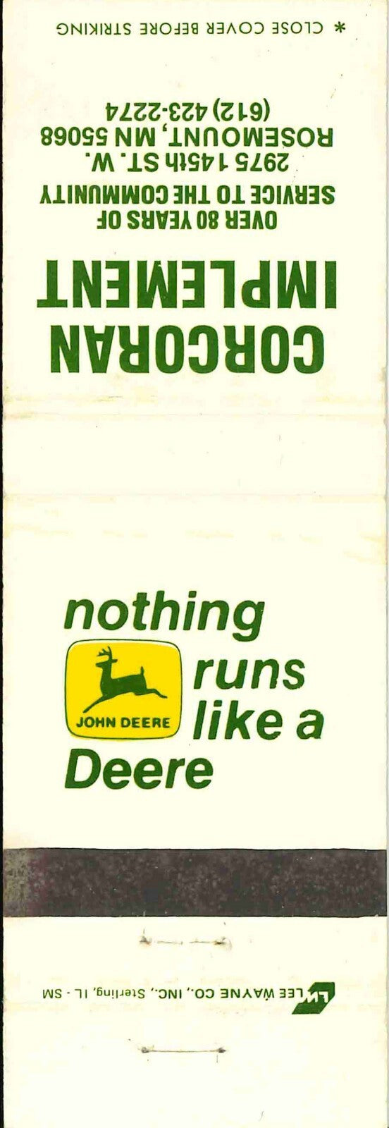 John Deere Matchbook Cover 2 Leg Corcoran Imp Rosemount MN