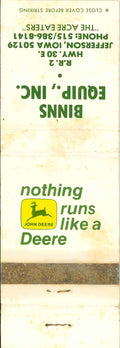 John Deere Matchbook Cover 2 Leg Binns Equip Co Jefferson Iowa