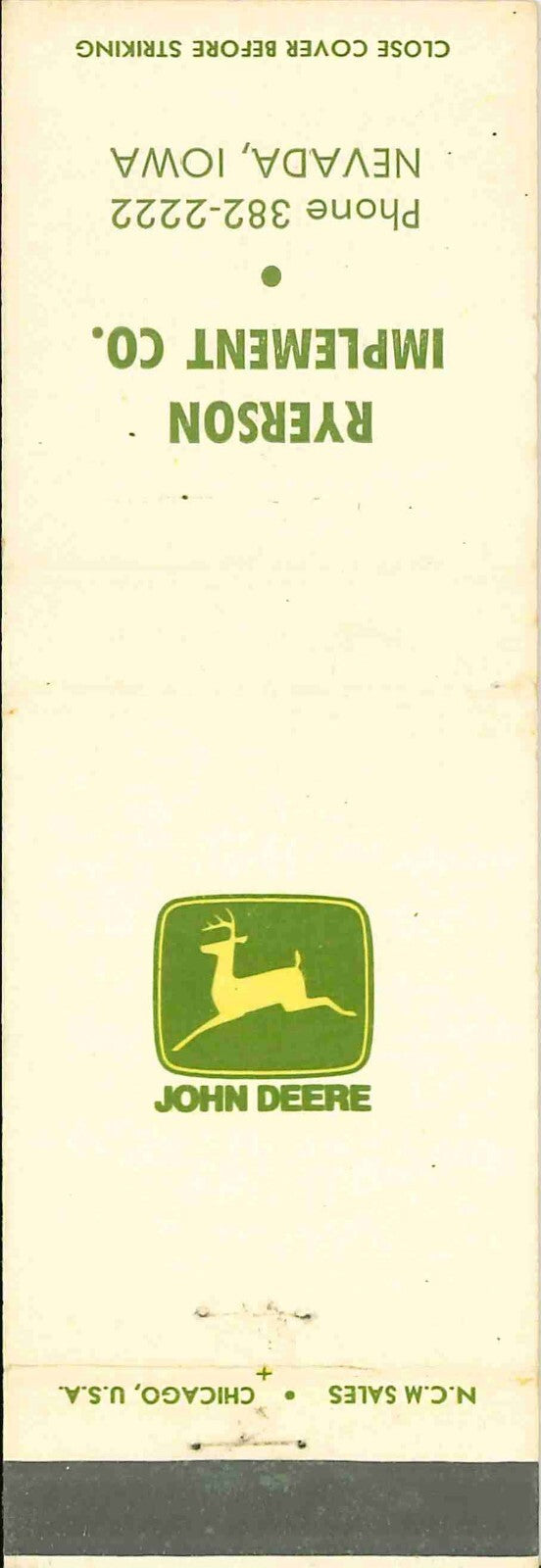 John Deere Matchbook Cover 2 Leg Ryerson Implement Nevada IA