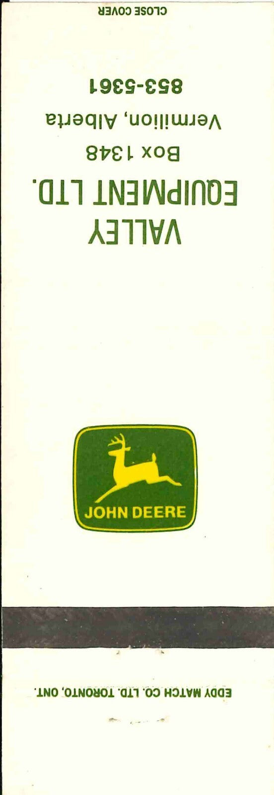 John Deere Matchbook Cover 2 Leg Valley Equipment Vermillion Alberta