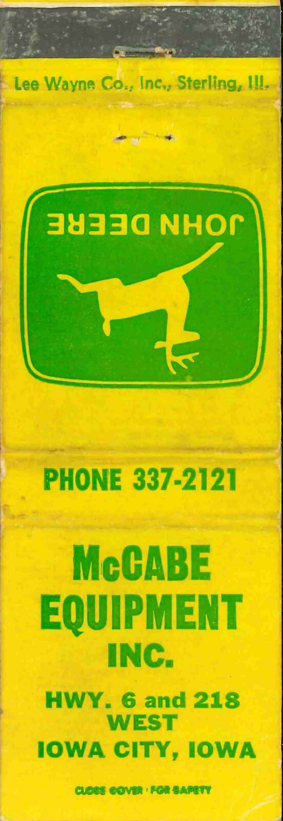 John Deere Matchbook Cover McCabe Equipment Iowa City IA