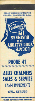 Matchbook Cover Allis Chalmers Syl Strupp Slinger Wisconsin