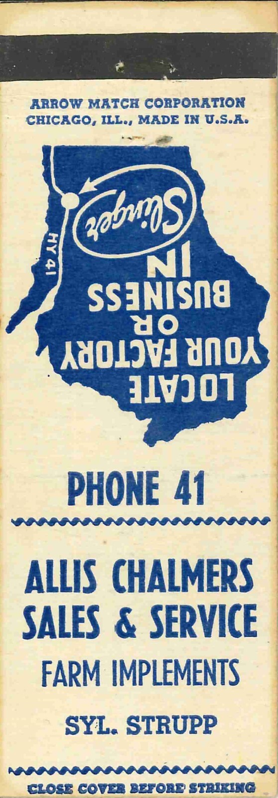 Matchbook Cover Allis Chalmers Syl Strupp Slinger Wisconsin