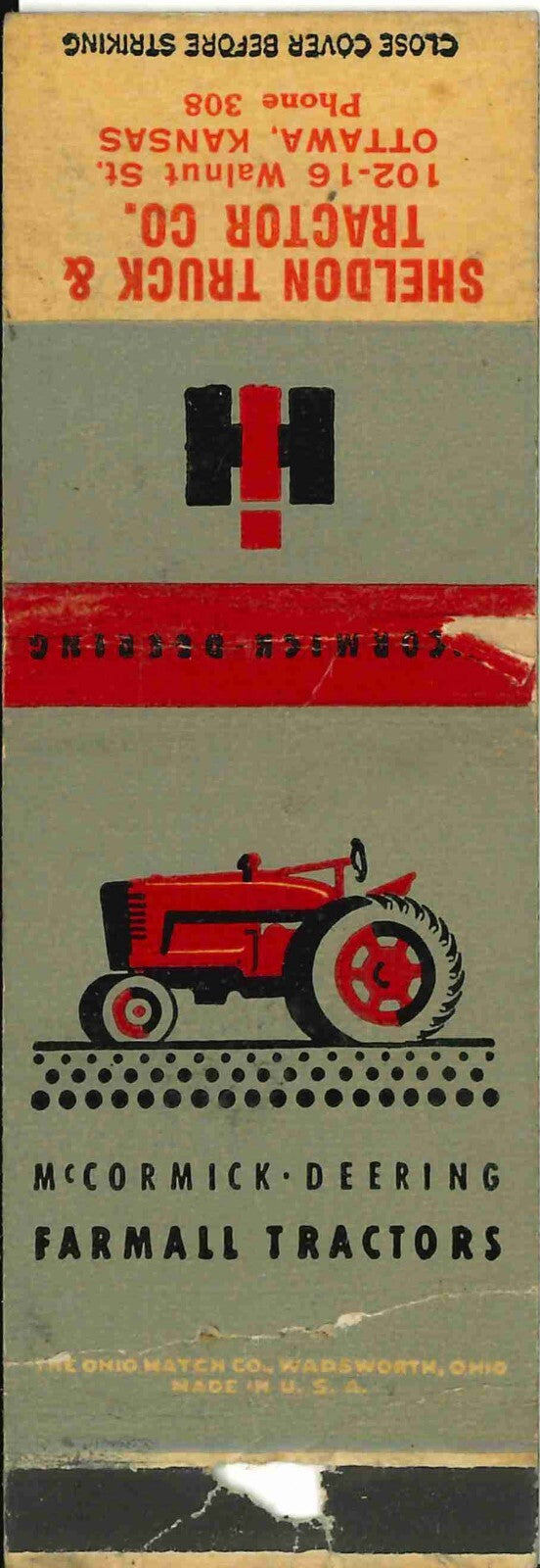 Matchbook Cover Farmall IH Sheldon Tractor Ottawa Kansas
