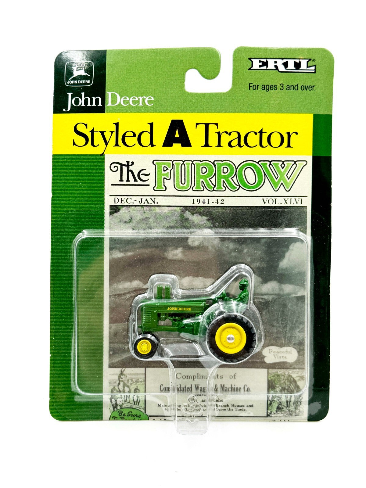 1/64 John Deere Styled A Tractor With Man, Narrow Front On Furrow Card