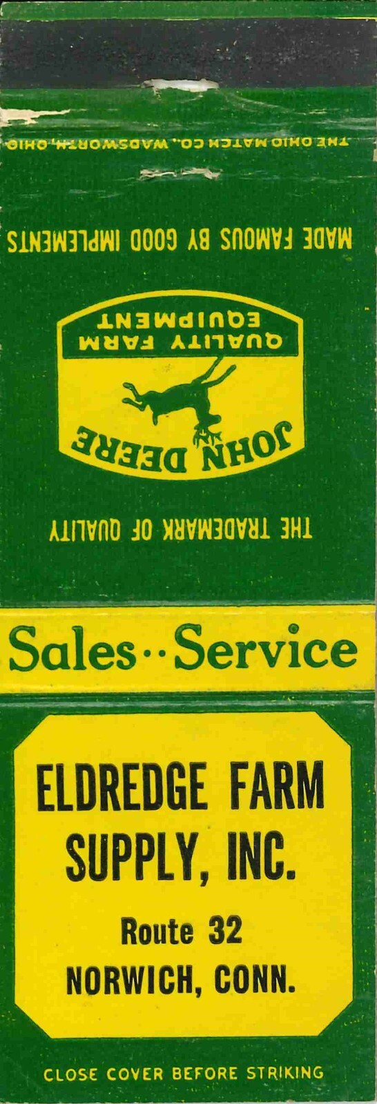 John Deere Matchbook Cover QFE Eldredge Farm Supply Inc Norwich Connecticut
