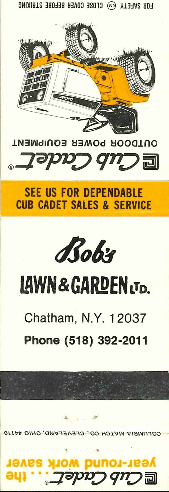 Matchbook Cover Cub Cadet Bobs Lawn and Garden Chatham New York