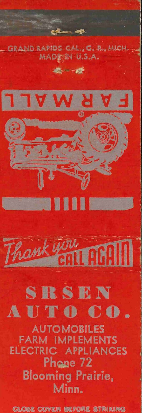 Matchbook Cover Farmall Srsen Auto Co Blooming Prairie Minnesota