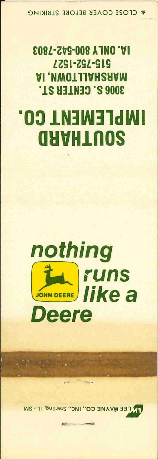 John Deere Matchbook Cover 2 Leg Southard Implement Marshalltown IA