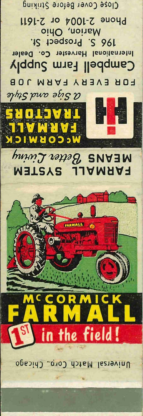 Matchbook Cover Farmall H Campbell Farm Supply Marion Ohio